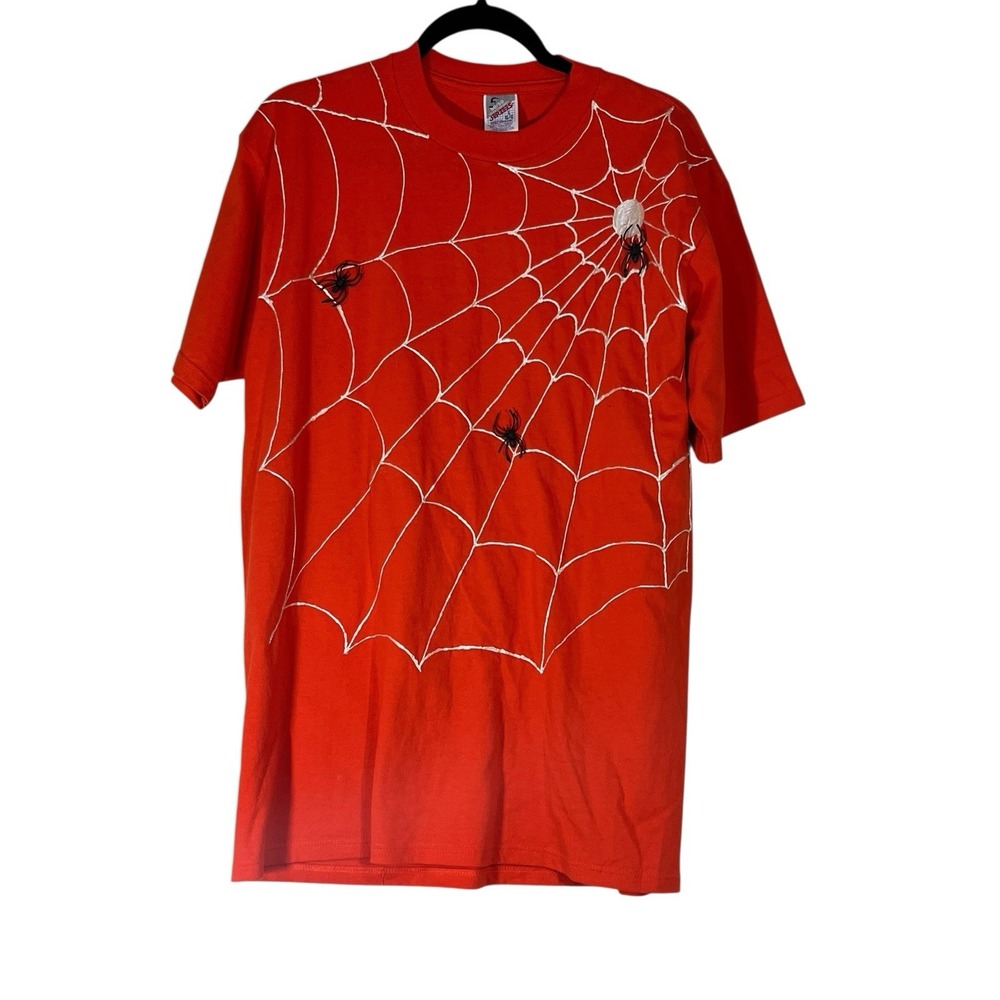 Vintage T-shirt Sz L Orange Graphic Print Spiders‎ Puff Print Webb Halloween